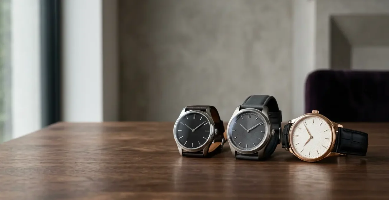 Collection de montres de luxe posées sur une surface minimaliste avec lumière naturelle douce