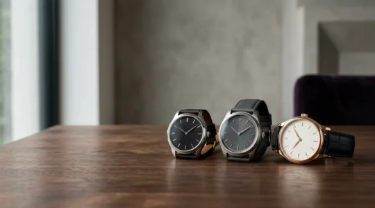 Collection de montres de luxe posées sur une surface minimaliste avec lumière naturelle douce