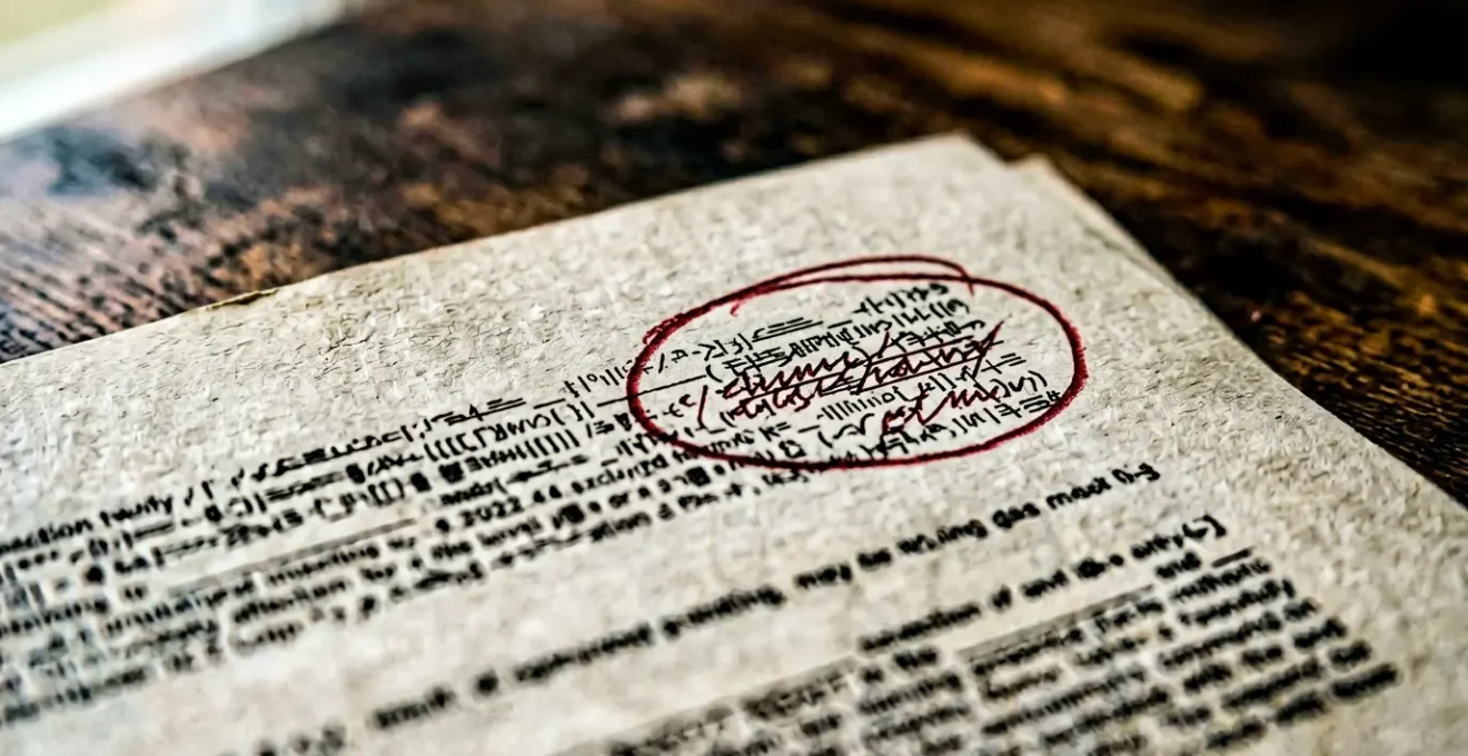 Gros plan sur un document de contrat d'assurance avec annotations en rouge soulignant des clauses problématiques