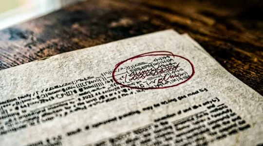 Gros plan sur un document de contrat d'assurance avec annotations en rouge soulignant des clauses problématiques