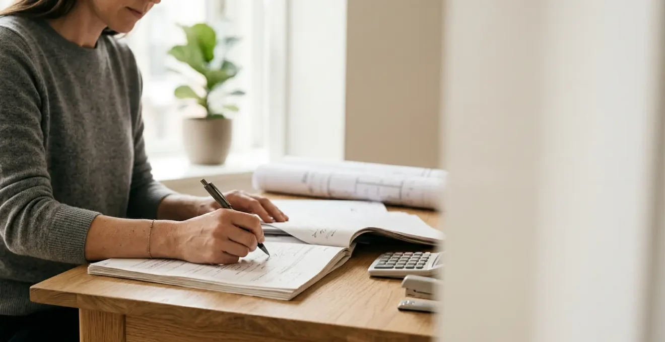 Propriétaire analysant des documents d'assurance habitation avec calculatrice et plans architecturaux, représentant l'audit de couverture patrimoniale immobilière