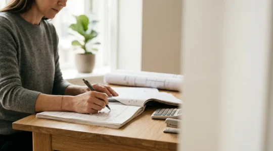 Propriétaire analysant des documents d'assurance habitation avec calculatrice et plans architecturaux, représentant l'audit de couverture patrimoniale immobilière