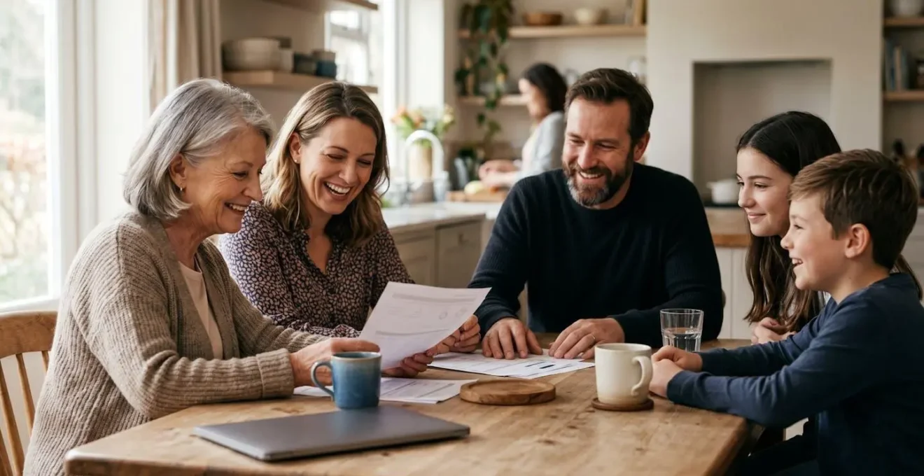 Famille souriante consultant ensemble des documents de santé dans un environnement lumineux et chaleureux
