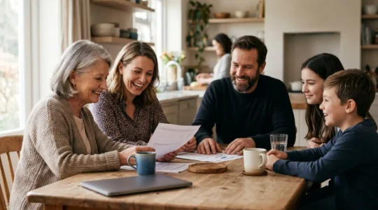 Famille souriante consultant ensemble des documents de santé dans un environnement lumineux et chaleureux