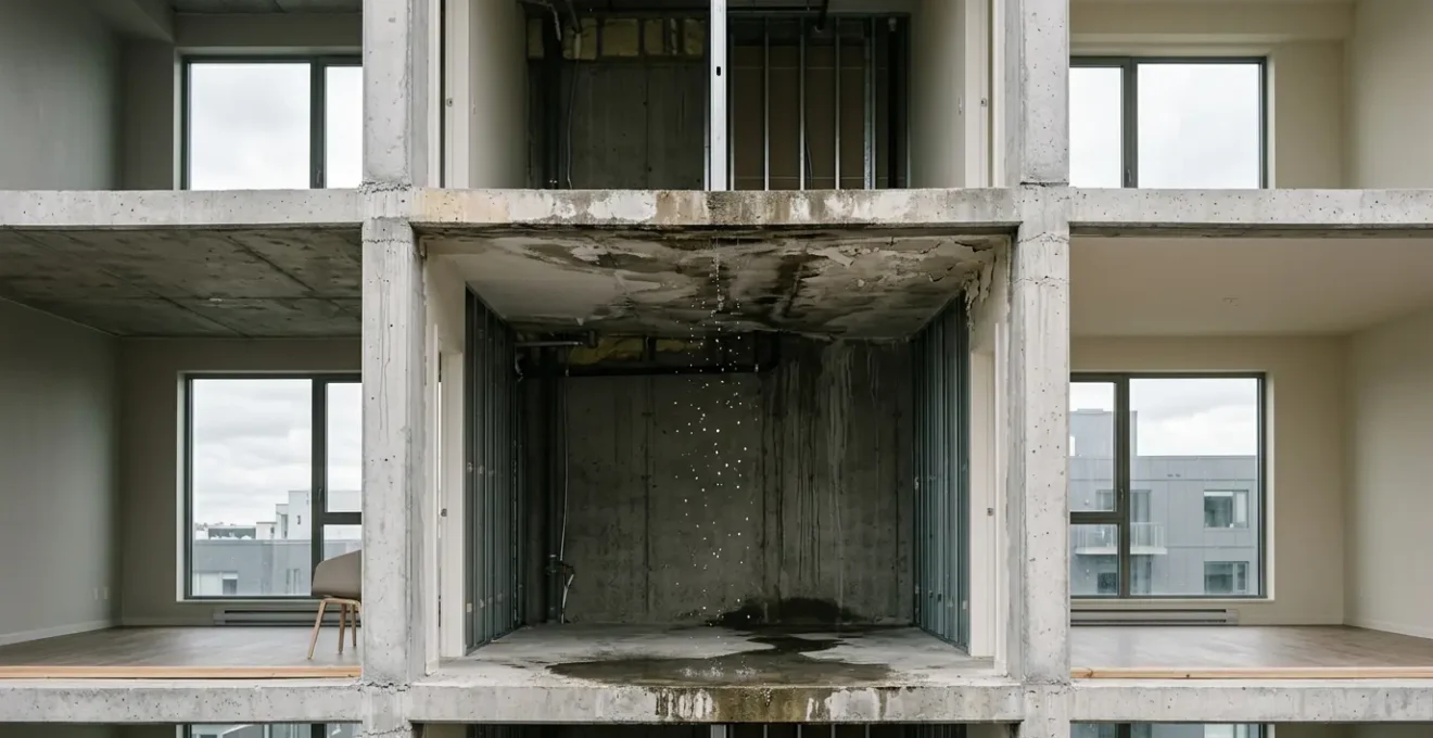 Scène dramatique montrant les conséquences d'une fuite d'eau entre appartements en copropriété