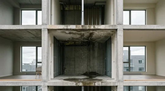 Scène dramatique montrant les conséquences d'une fuite d'eau entre appartements en copropriété