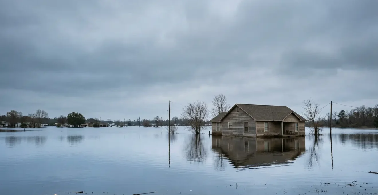 Scène d'inondation avec maison touchée par la montée des eaux illustrant le processus d'indemnisation en catastrophe naturelle
