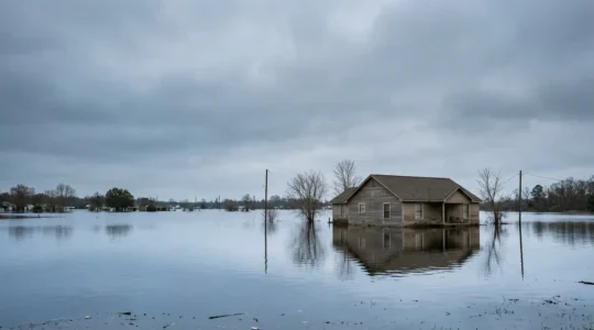 Scène d'inondation avec maison touchée par la montée des eaux illustrant le processus d'indemnisation en catastrophe naturelle