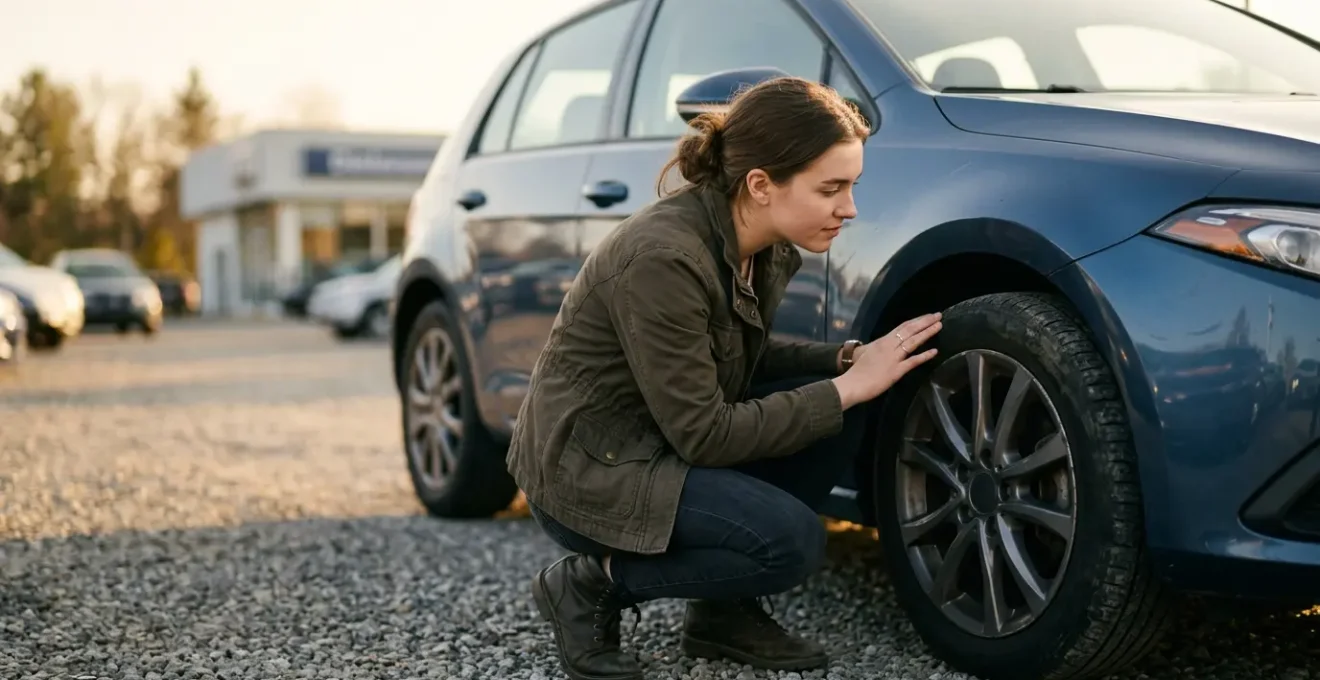 Jeune conducteur examinant une voiture d'occasion avec attention pour réduire les coûts d'assurance