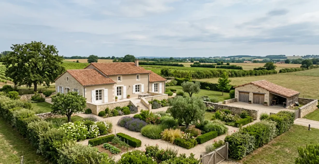 Vue d'ensemble d'une maison familiale avec jardin arboré et dépendances en France