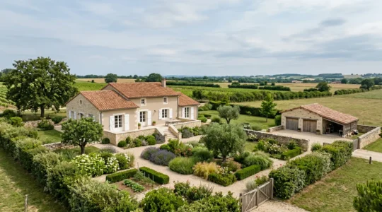 Vue d'ensemble d'une maison familiale avec jardin arboré et dépendances en France
