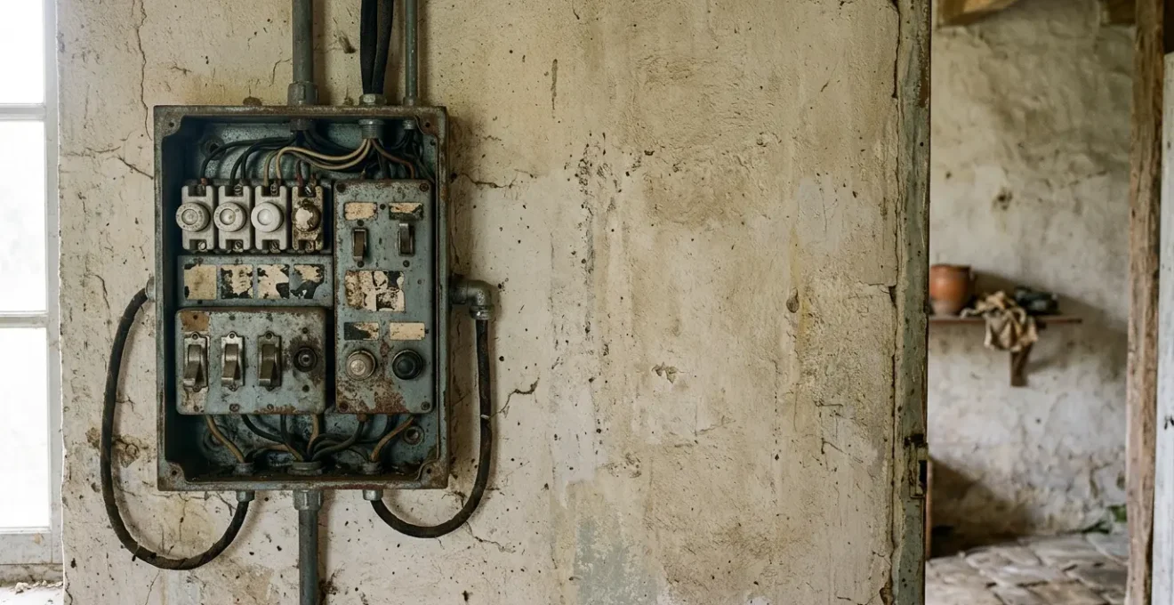Inspection d'un ancien tableau électrique dans une résidence principale nécessitant une mise aux normes