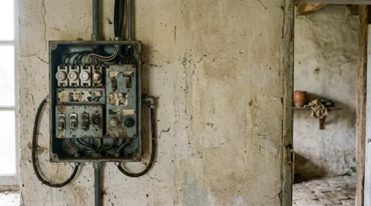 Inspection d'un ancien tableau électrique dans une résidence principale nécessitant une mise aux normes