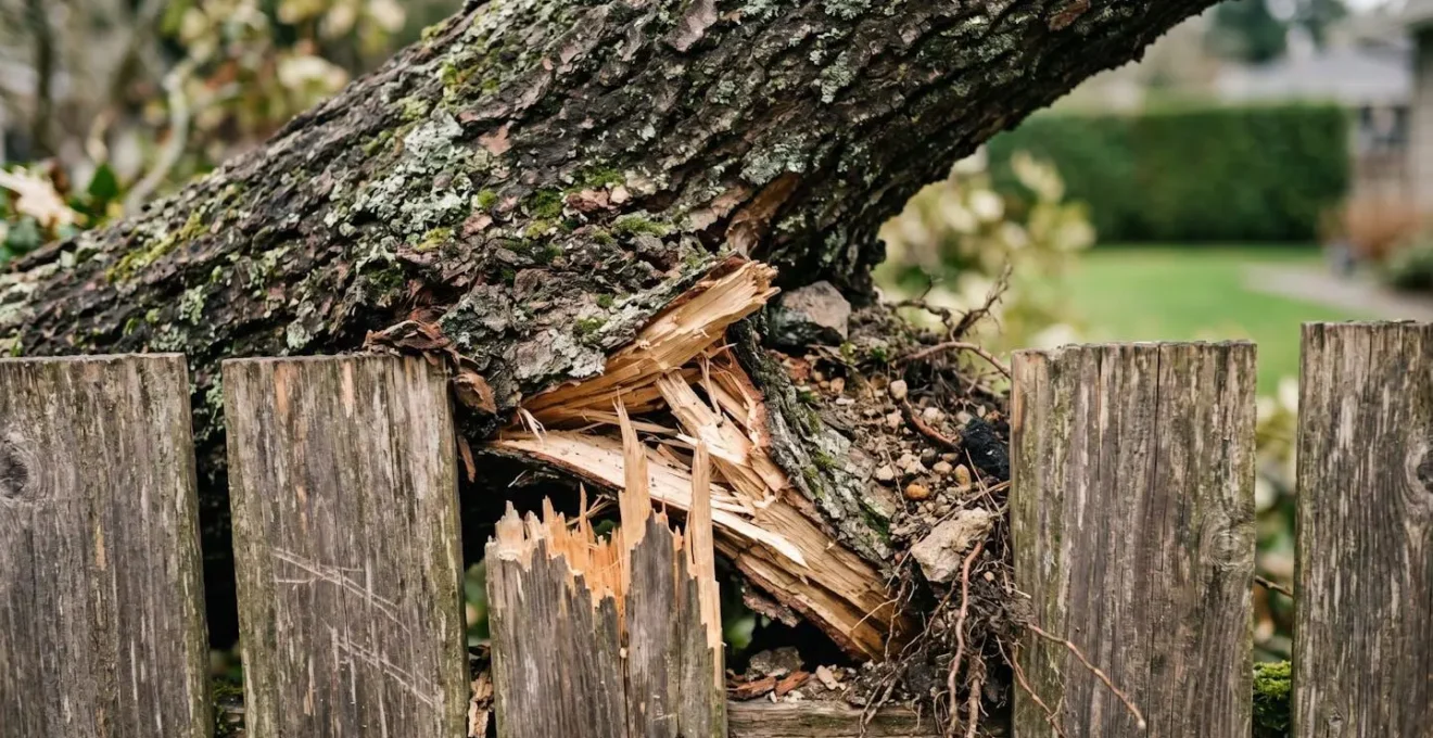 Arbre déraciné tombé sur une clôture de jardin après une tempête