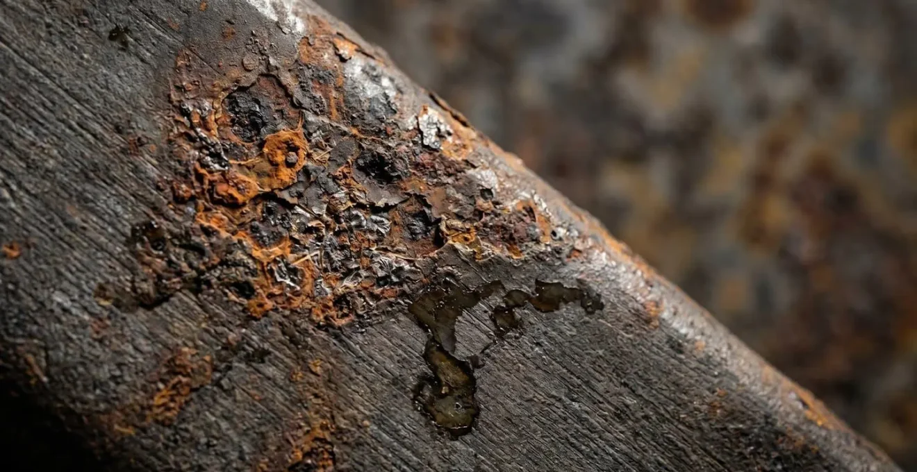 Vue macro détaillée d'une surface métallique de cuve endommagée avec traces de pollution illustrant les risques de contamination