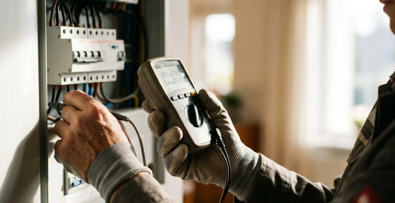 Professionnel réalisant un diagnostic électrique pour obtenir une attestation de conformité
