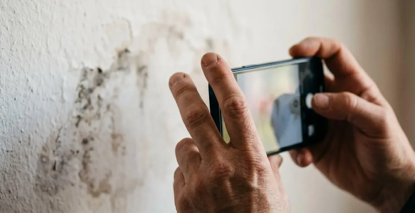 Main tenant un téléphone pour photographier des traces d'humidité sur un mur