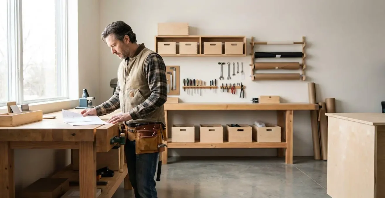 Artisan auto-entrepreneur BTP consultant des documents d'assurance professionnelle dans son atelier