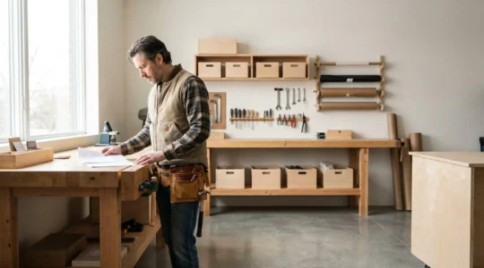 Artisan auto-entrepreneur BTP consultant des documents d'assurance professionnelle dans son atelier