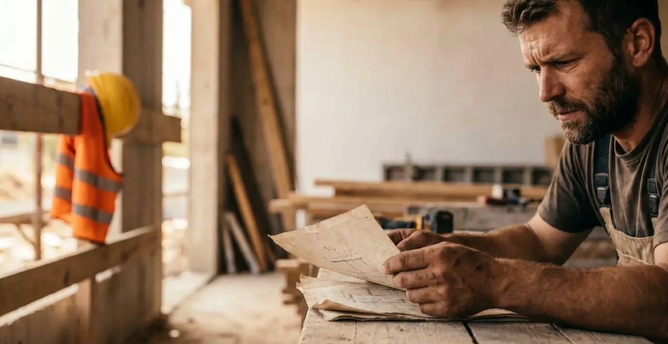 Artisan du bâtiment préparant son premier chantier avec documents administratifs