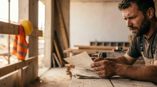 Artisan du bâtiment préparant son premier chantier avec documents administratifs