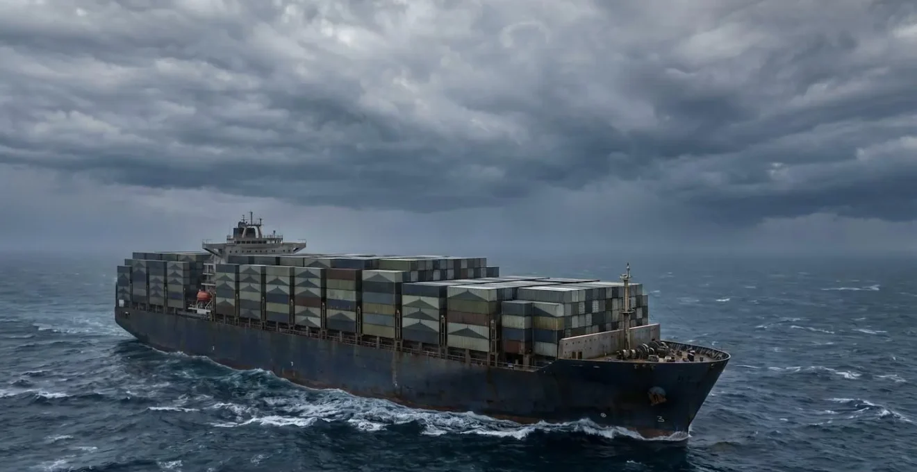 Navire porte-conteneurs moderne naviguant dans une mer agitée sous un ciel dramatique, symbolisant la communauté de destin maritime