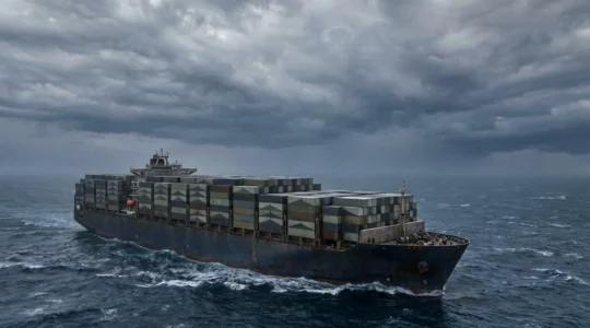 Navire porte-conteneurs moderne naviguant dans une mer agitée sous un ciel dramatique, symbolisant la communauté de destin maritime