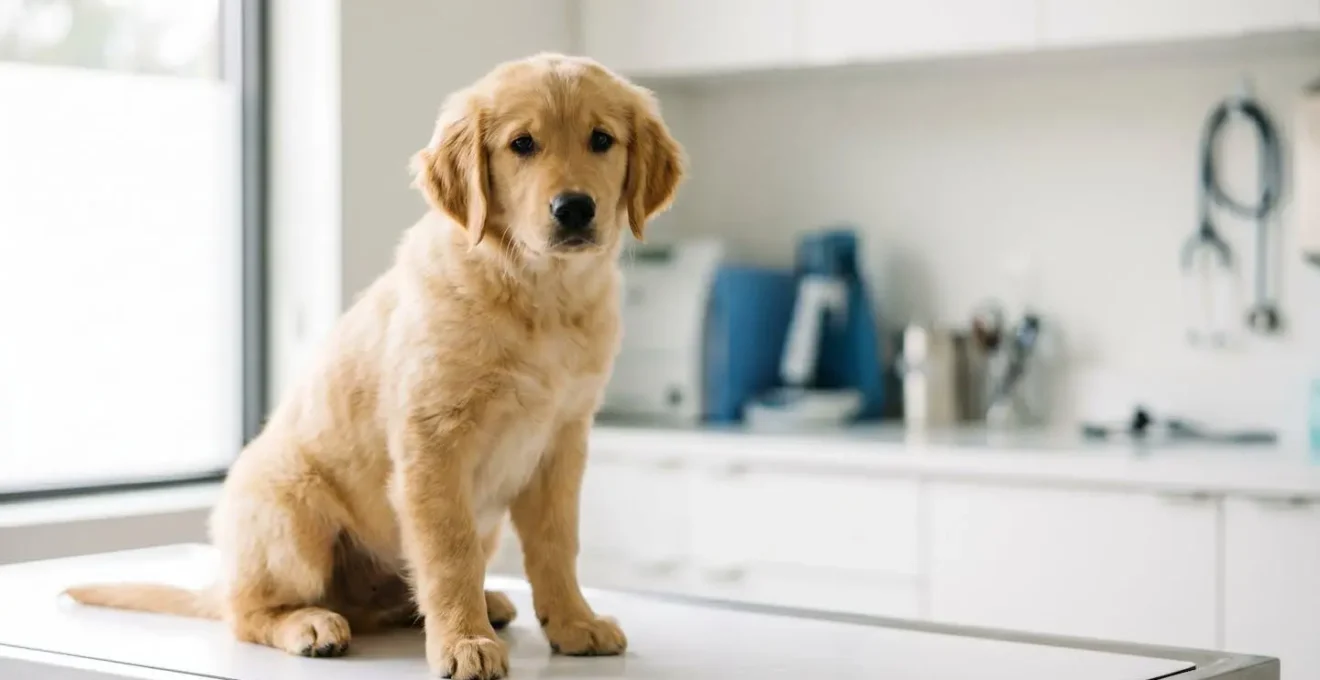 Jeune chiot Golden Retriever lors d'une consultation vétérinaire précoce, symbolisant l'importance de la prévention