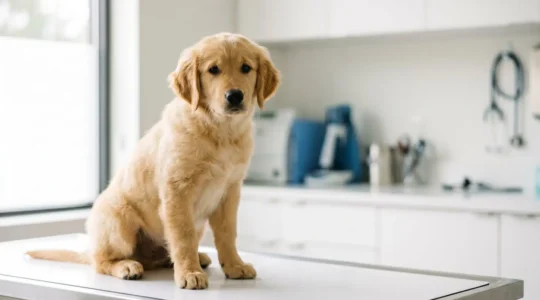Jeune chiot Golden Retriever lors d'une consultation vétérinaire précoce, symbolisant l'importance de la prévention