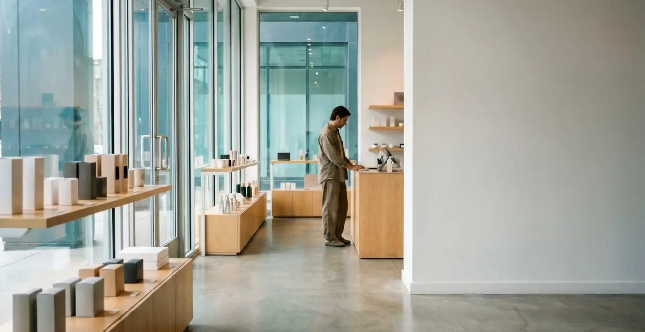 Commerçant vérifiant son stock dans un magasin moderne avec vitrine visible en arrière-plan