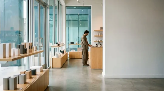 Commerçant vérifiant son stock dans un magasin moderne avec vitrine visible en arrière-plan