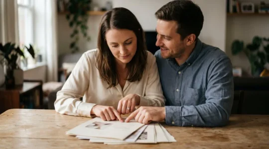 Couple élégant consultant des documents financiers dans un cadre lumineux et apaisant