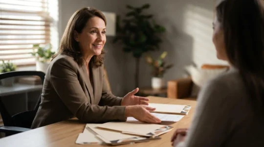 Professionnel de l'assurance analysant des documents contractuels pour offrir un conseil personnalisé à son client