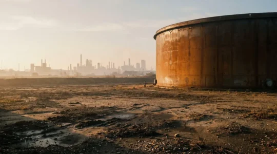 Cuve industrielle fissurée avec infiltration dans le sol illustrant les risques de pollution non couverts par l'assurance RC Exploitation standard