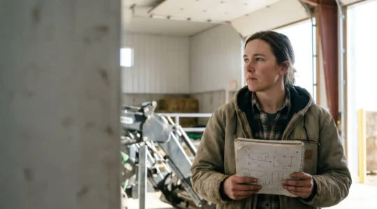 Jeune agriculteur dans son exploitation moderne examinant des documents de protection et de gestion des risques
