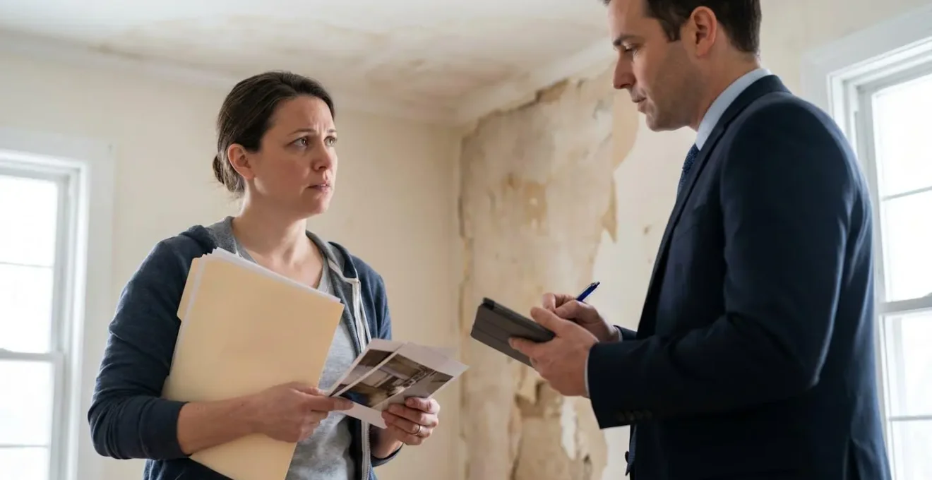 Expert et assuré face à face lors d'une visite d'expertise sinistre à domicile