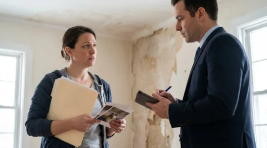 Expert et assuré face à face lors d'une visite d'expertise sinistre à domicile