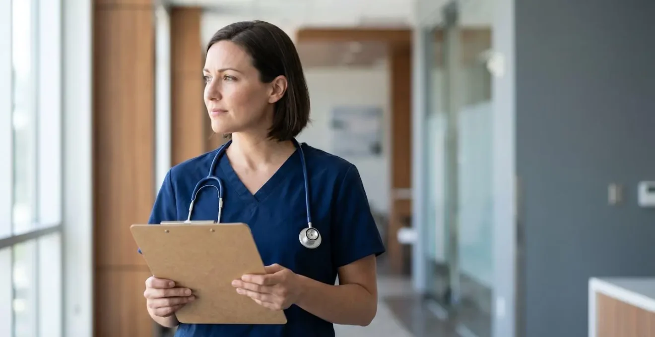 Professionnel de santé en tenue médicale consultant des documents administratifs dans un environnement hospitalier moderne