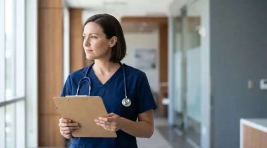 Professionnel de santé en tenue médicale consultant des documents administratifs dans un environnement hospitalier moderne
