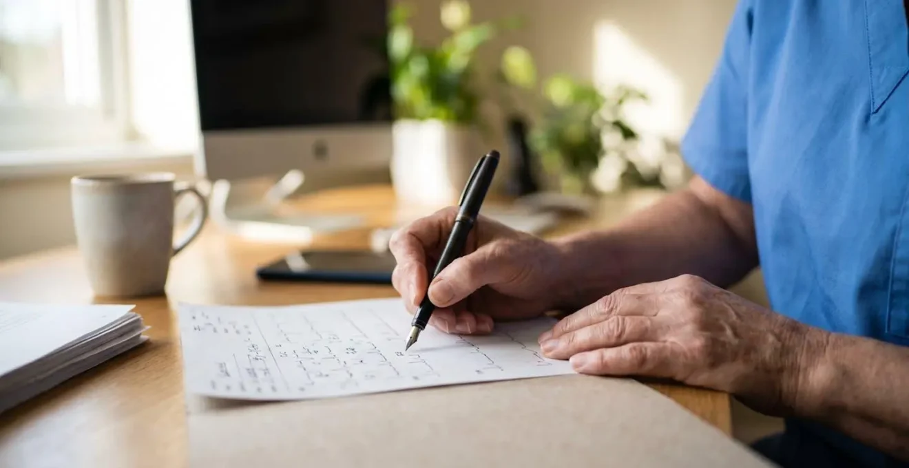 Professionnel de santé préparant une documentation médicale rigoureuse dans un environnement clinique moderne