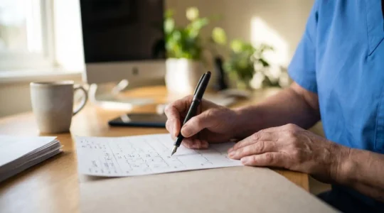 Professionnel de santé préparant une documentation médicale rigoureuse dans un environnement clinique moderne