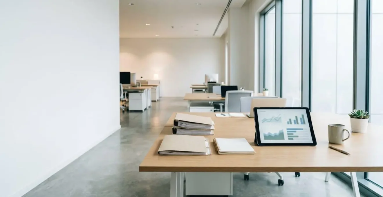 Vue d'ensemble d'un bureau de PME avec focus sur documents financiers et tableaux de flux de trésorerie