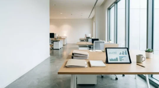 Vue d'ensemble d'un bureau de PME avec focus sur documents financiers et tableaux de flux de trésorerie