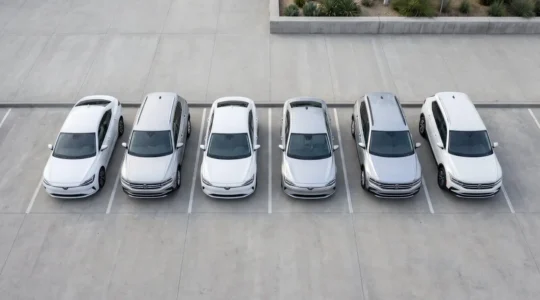 Parc de véhicules professionnels dans un environnement moderne et épuré illustrant la gestion optimisée d'une flotte automobile