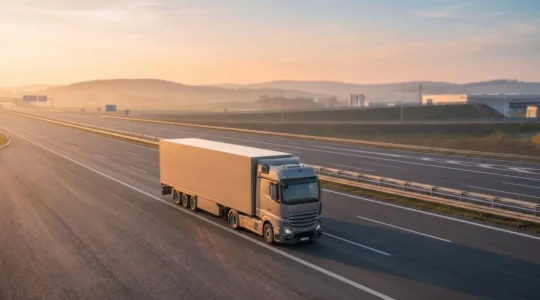 Camion de transport de marchandises sécurisé en circulation sur autoroute moderne