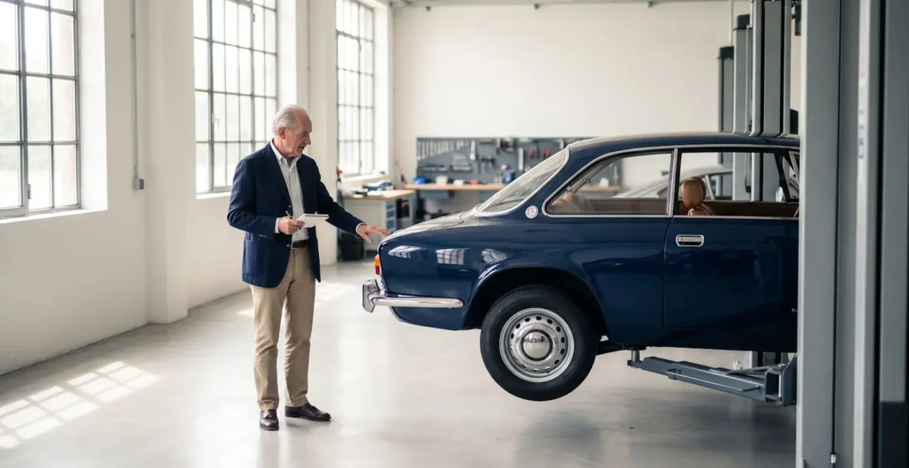 Expertise d'une voiture de collection ancienne dans un atelier spécialisé
